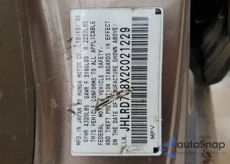 2002 Honda Cr-V Ex from USA, damaged, VIN JHLRD788X2C021229